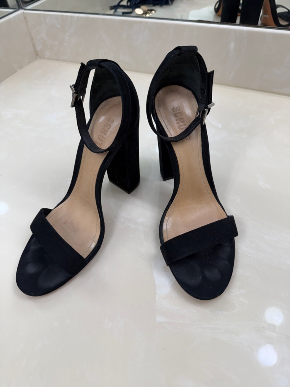 Schulz Black Suede Block Heel Sandals with Ankle Strap 9